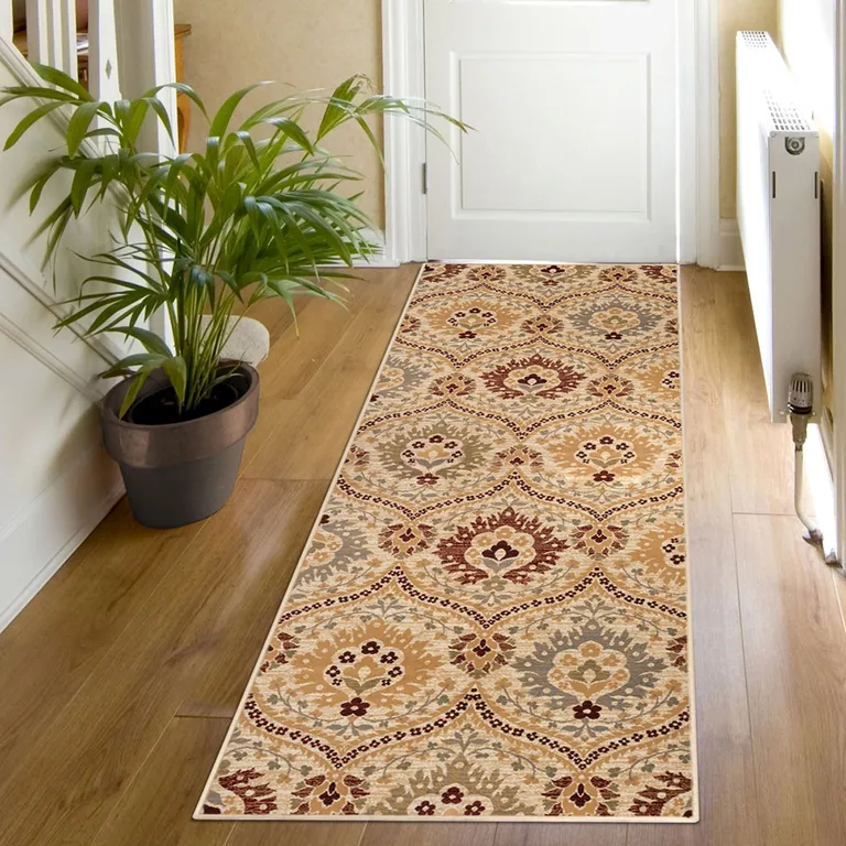 8' Camel Gray And Rust Floral Stain Resistant Runner Rug Photo 2