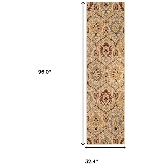 8' Camel Gray And Rust Floral Stain Resistant Runner Rug Photo 6