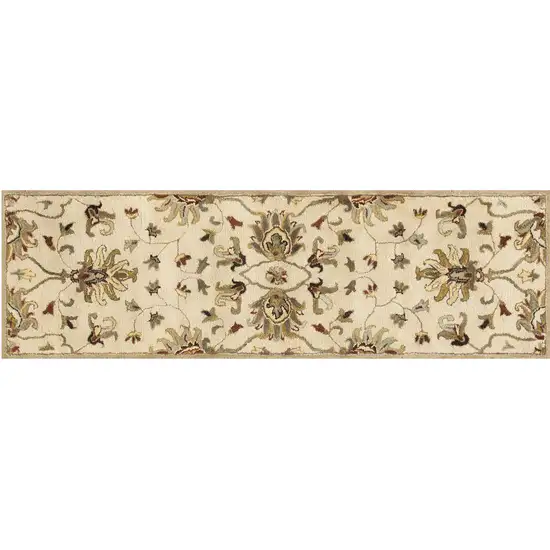 8' Champagne Wool Floral Handmade Runner Rug Photo 1