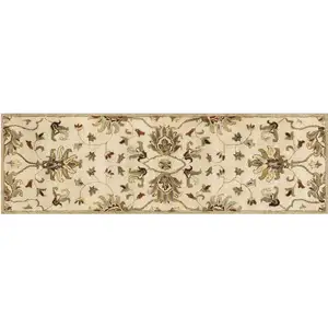 Photo of 8' Champagne Wool Floral Handmade Runner Rug