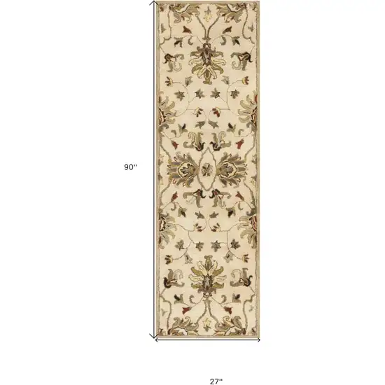 8' Champagne Wool Floral Handmade Runner Rug Photo 5