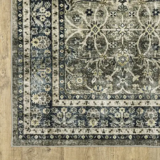 8' Charcoal And Blue Oriental Distressed Runner Rug Photo 6