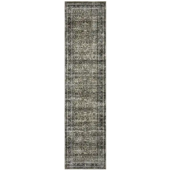 8' Charcoal And Blue Oriental Distressed Runner Rug Photo 2