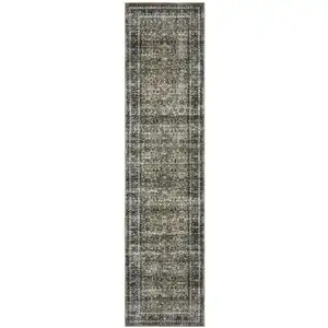 Photo of 8' Charcoal And Blue Oriental Distressed Runner Rug