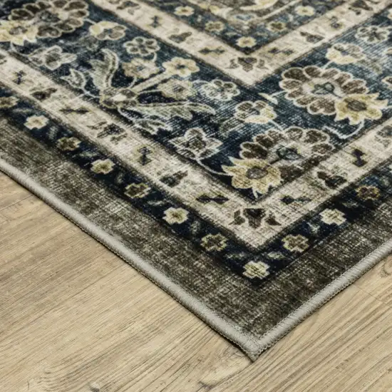 8' Charcoal And Blue Oriental Distressed Runner Rug Photo 4