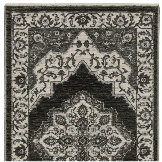 8' Charcoal And Ivory Medallion Runner Rug With Fringe Photo 4