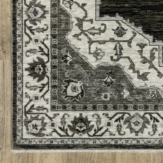 8' Charcoal And Ivory Medallion Runner Rug With Fringe Photo 8