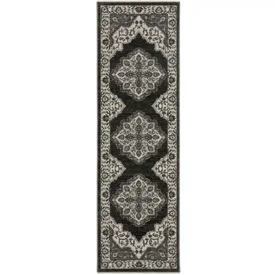 8' Charcoal And Ivory Medallion Runner Rug With Fringe Photo 2