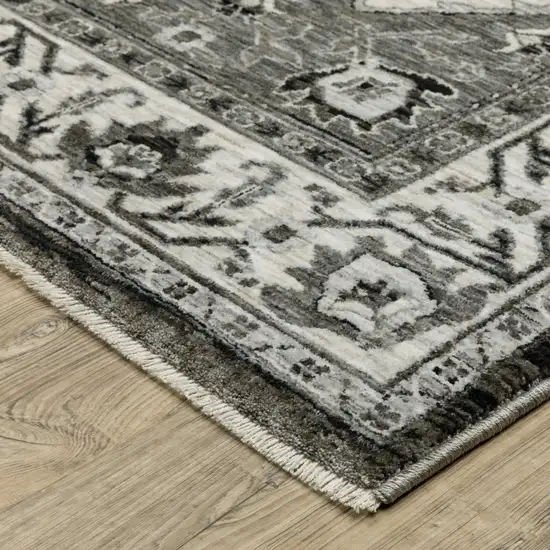 8' Charcoal And Ivory Medallion Runner Rug With Fringe Photo 5