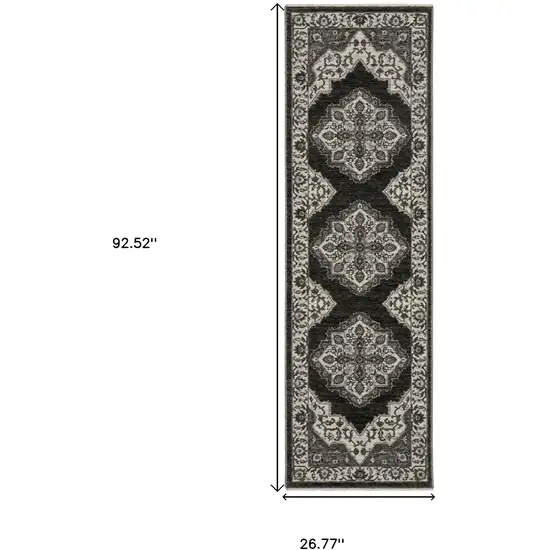 8' Charcoal And Ivory Medallion Runner Rug With Fringe Photo 3