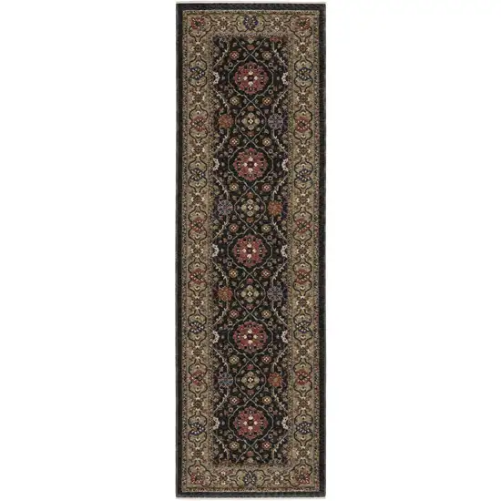 8' Charcoal And Pink Oriental Runner Rug With Fringe Photo 2