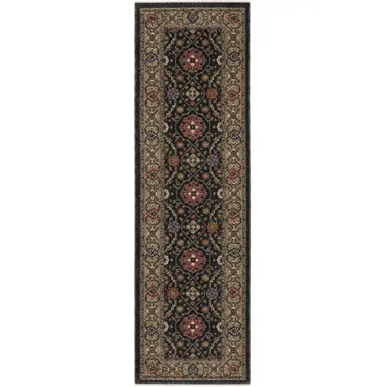 8' Charcoal And Pink Oriental Runner Rug With Fringe Photo 5