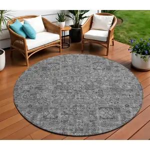 Photo of 8' Charcoal And Silver Round Floral Washable Indoor Outdoor Area Rug