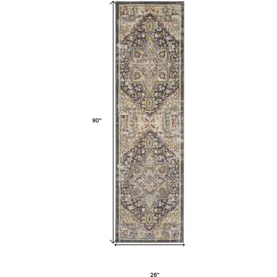 8' Charcoal Brown and Yellow Floral Distressed Runner Rug Photo 3