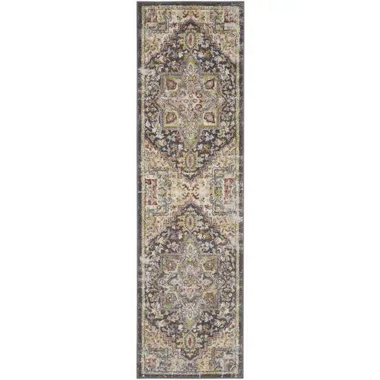 8' Charcoal Brown and Yellow Floral Distressed Runner Rug Photo 2