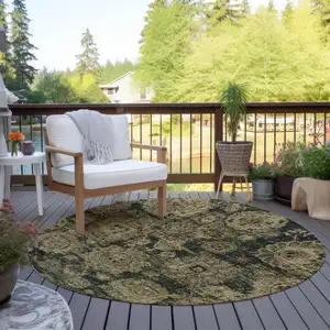 Photo of 8' Charcoal Gold And Tan Round Floral Washable Indoor Outdoor Area Rug