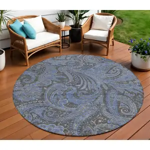 Photo of 8' Charcoal Gray And Blue Round Paisley Washable Indoor Outdoor Area Rug