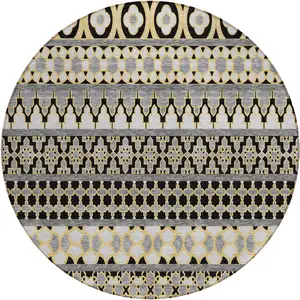 Photo of 8' Charcoal Gray And Gold Round Quatrefoil Washable Indoor Outdoor Area Rug