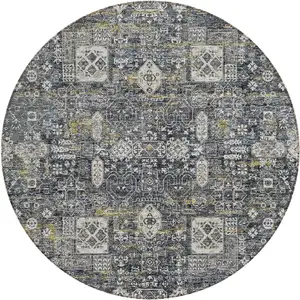 Photo of 8' Charcoal Gray And Ivory Round Oriental Washable Indoor Outdoor Area Rug