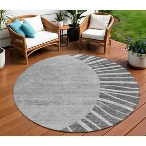 Photo of 8' Charcoal Gray And Silver Round Abstract Washable Indoor Outdoor Area Rug