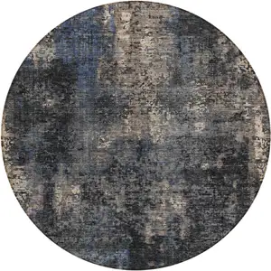 Photo of 8' Charcoal Gray And Silver Round Abstract Washable Indoor Outdoor Area Rug