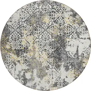 Photo of 8' Charcoal Gray And Silver Round Floral Washable Indoor Outdoor Area Rug