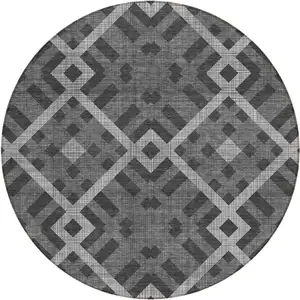 Photo of 8' Charcoal Gray And Silver Round Geometric Washable Indoor Outdoor Area Rug