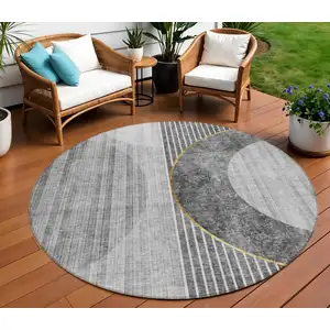 Photo of 8' Charcoal Gray And Silver Round Geometric Washable Indoor Outdoor Area Rug