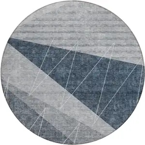 Photo of 8' Charcoal Gray And Silver Round Geometric Washable Indoor Outdoor Area Rug