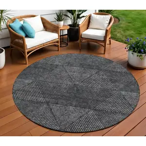 Photo of 8' Charcoal Gray And Silver Round Geometric Washable Indoor Outdoor Area Rug