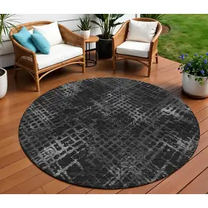 Photo of 8' Charcoal Gray And Silver Round Geometric Washable Indoor Outdoor Area Rug