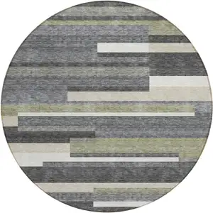 Photo of 8' Charcoal Gray And Silver Round Striped Washable Indoor Outdoor Area Rug