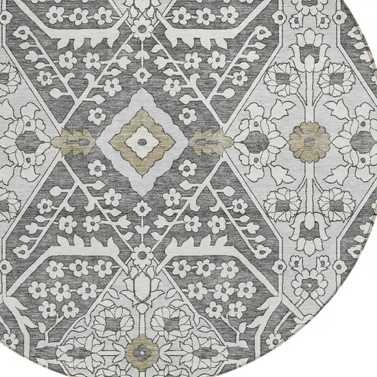 8' Charcoal Gray And Taupe Round Floral Washable Indoor Outdoor Area Rug Photo 4