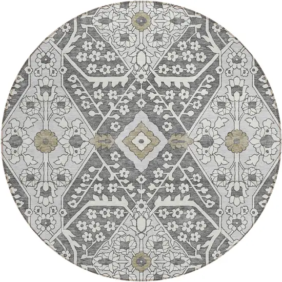 8' Charcoal Gray And Taupe Round Floral Washable Indoor Outdoor Area Rug Photo 2