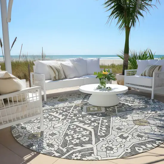 8' Charcoal Gray And Taupe Round Floral Washable Indoor Outdoor Area Rug Photo 7