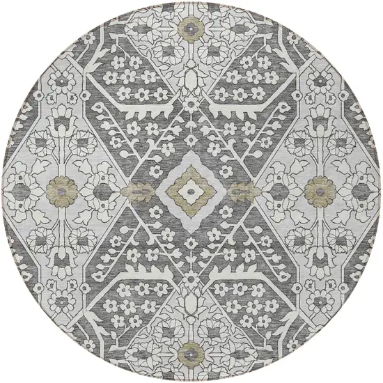 8' Charcoal Gray And Taupe Round Floral Washable Indoor Outdoor Area Rug Photo 6