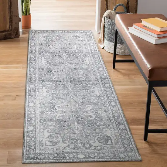 8' Charcoal Medallion Power Loom Stain Resistant Runner Rug Photo 4