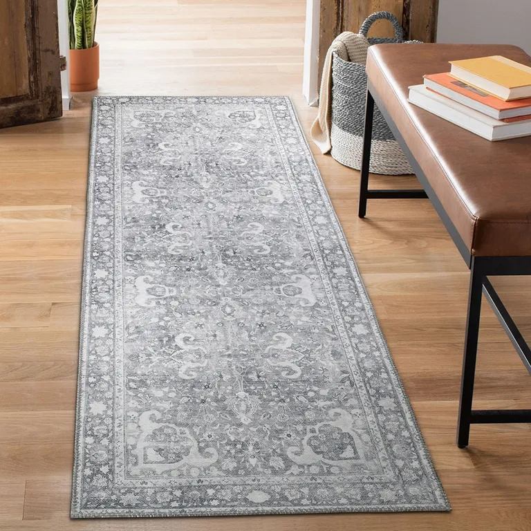 8' Charcoal Medallion Power Loom Stain Resistant Runner Rug Photo 4