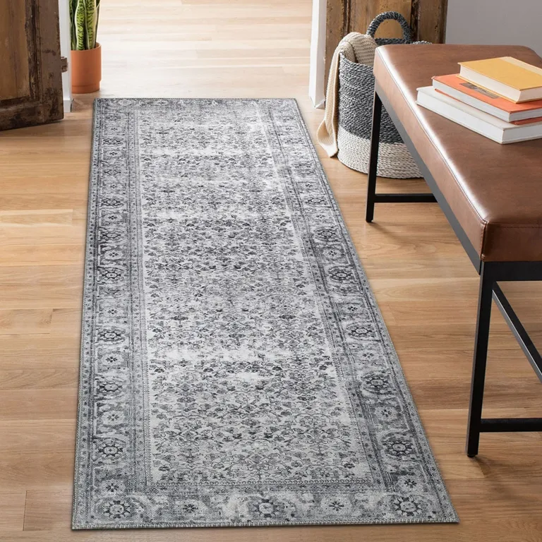 8' Charcoal Oriental Power Loom Stain Resistant Runner Rug Photo 5