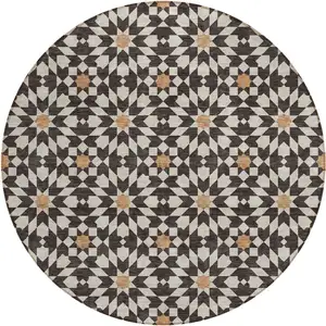 Photo of 8' Charcoal Silver And Copper Round Floral Medallion Washable Indoor Outdoor Area Rug