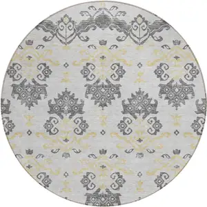 Photo of 8' Charcoal Silver And Gold Round Oriental Washable Indoor Outdoor Area Rug