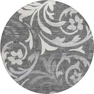 Photo of 8' Charcoal Silver And Gray Round Floral Washable Indoor Outdoor Area Rug