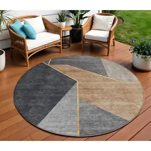 Photo of 8' Charcoal Taupe And Gray Round Geometric Washable Indoor Outdoor Area Rug