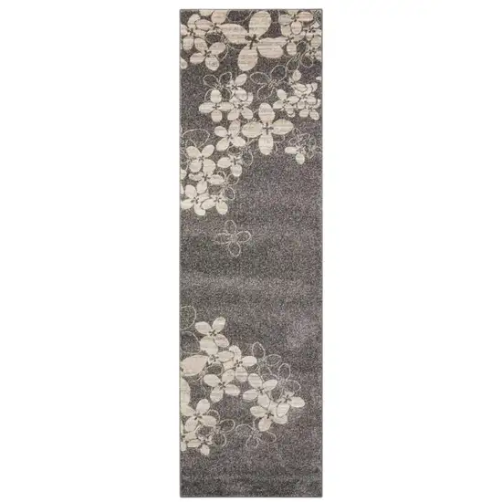 8' Charcoal and Beige Floral Non Skid Runner Rug Photo 1