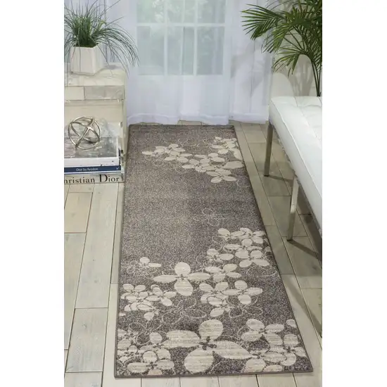 8' Charcoal and Beige Floral Non Skid Runner Rug Photo 7