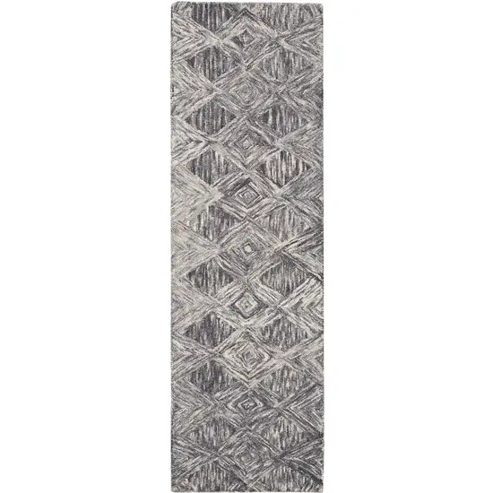 8' Charcoal and Ivory Wool Geometric Runner Rug Photo 4