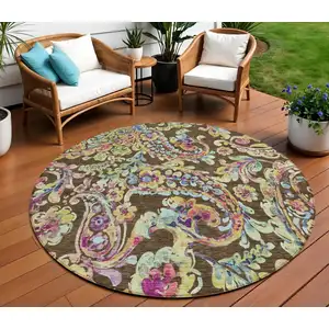 Photo of 8' Chocolate And Artichoke Green Round Paisley Washable Indoor Outdoor Area Rug