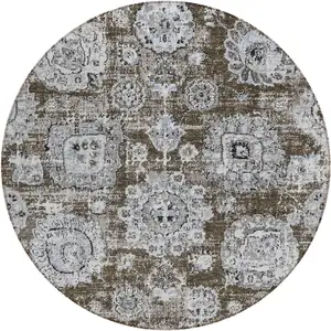 Photo of 8' Chocolate And Blue Round Floral Washable Indoor Outdoor Area Rug