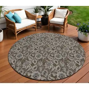 Photo of 8' Chocolate And Charcoal Round Floral Washable Indoor Outdoor Area Rug