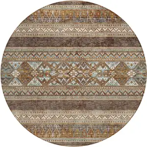 Photo of 8' Chocolate And Gray Round Southwestern Washable Indoor Outdoor Area Rug